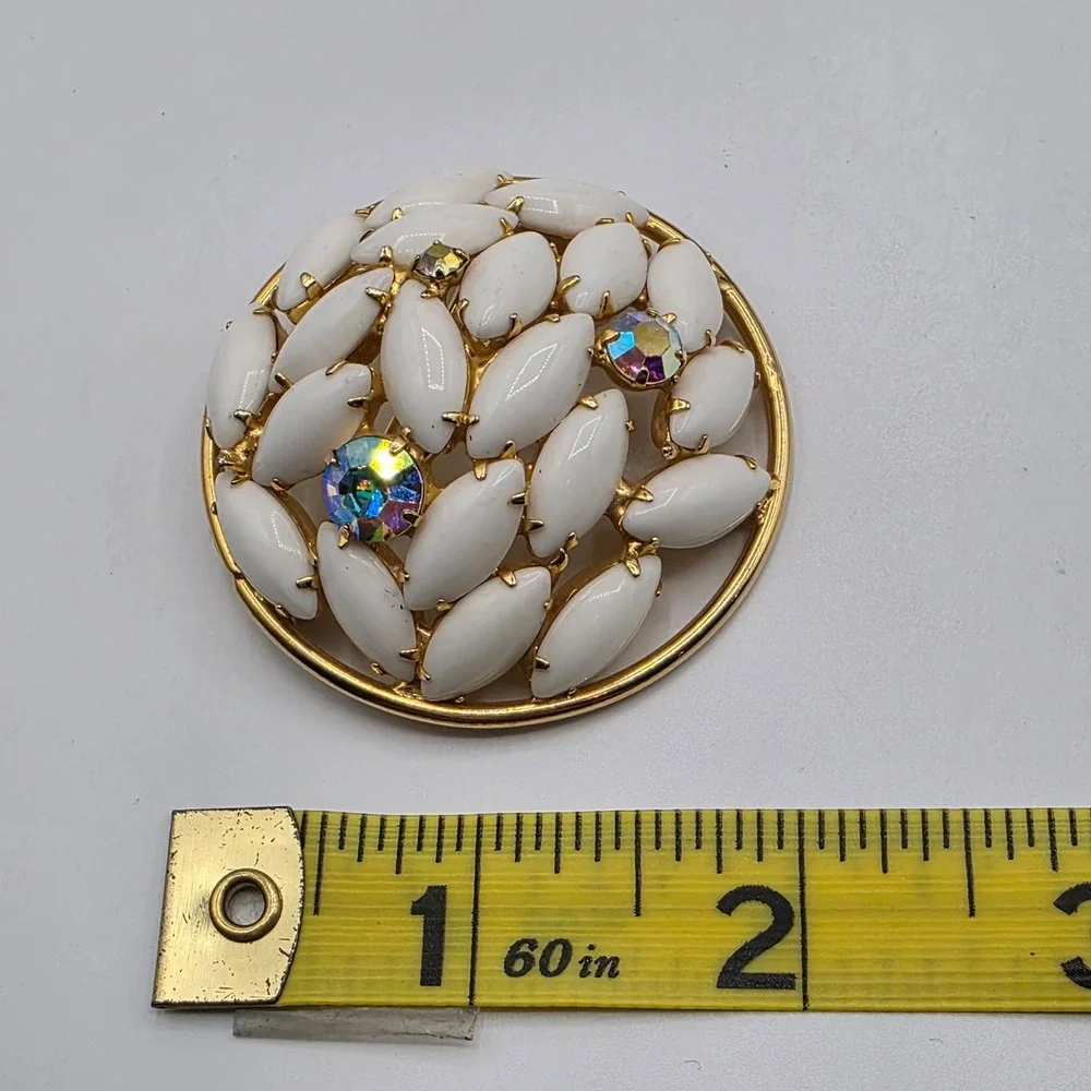 Vintage White Milk Glass AB Rhinestone Round Gold Tone Brooch Pin Cluster 2 Inch